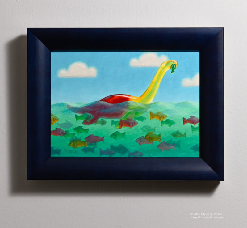 framed painting of a yellow and red gummie candy plesiosaur in front of a blue sky swimming in green water surrounded by colorful gummie candy fish