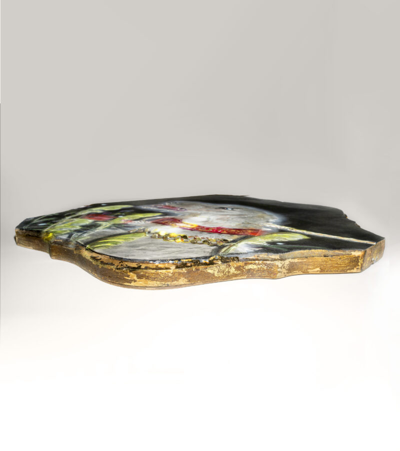 side view of a fantasy borzoi adorned in shining gold is caught in a cameras bright flash while standing in tall grass. painting on a Quatrefoil found object.