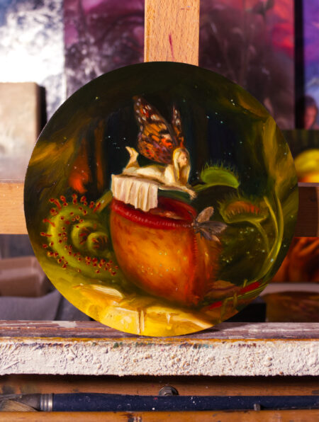 An oil painting of a fairy resting above a pitcher plant leaf with a moth on the edge of its opening. Surrounding the focus of the painting is two Venus fly traps, and a coiled sundew.