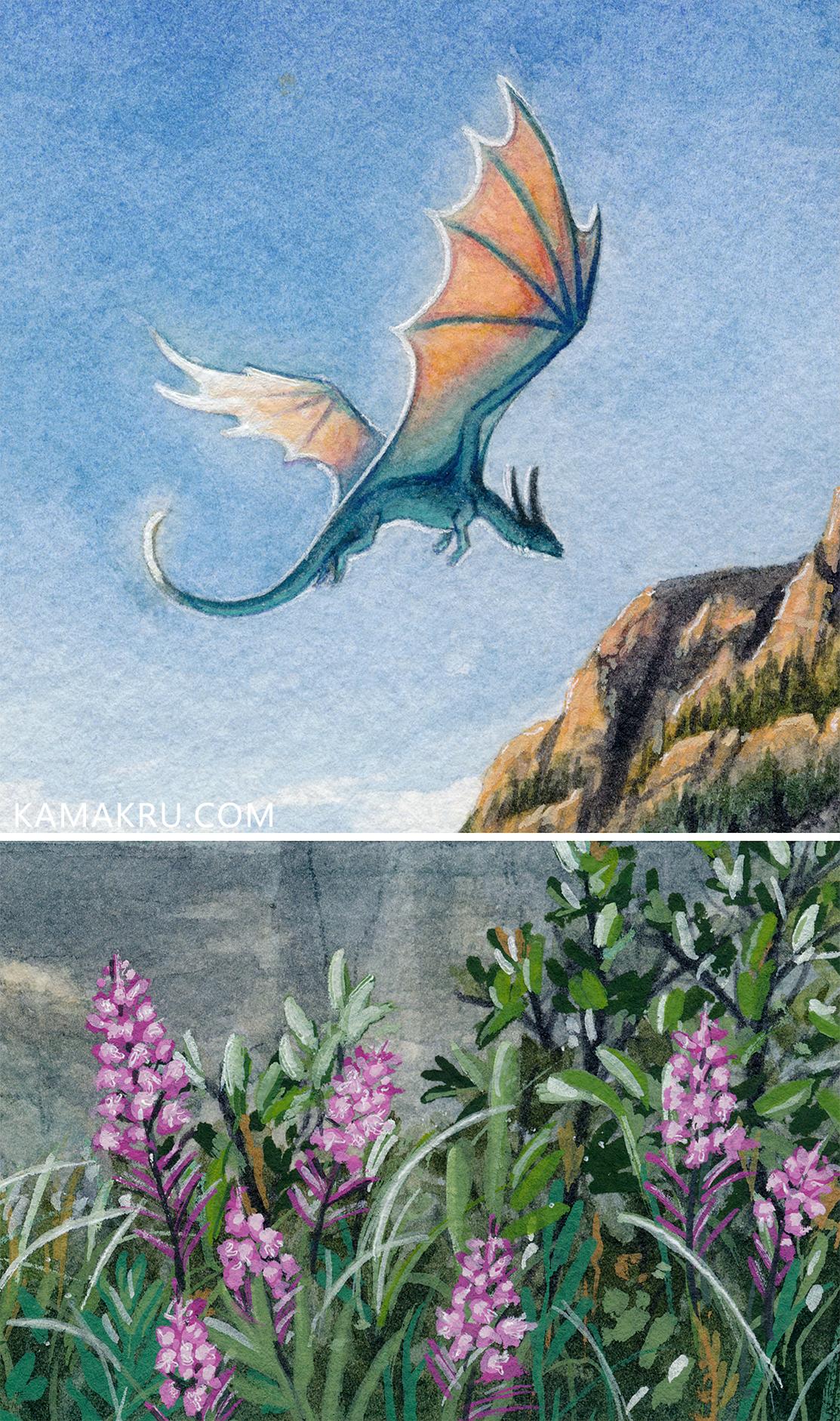 Close up of the dragon and the fireweed flowers