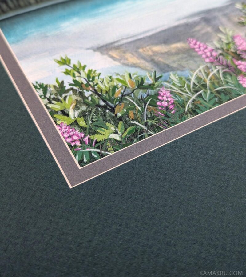 Photo of an artwork showing the close up corner where the signature is in black ink over the plants in the foreground