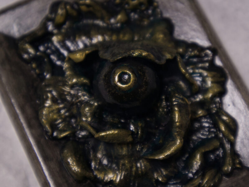 A photo of a sculpture of an eye surrounded by petals, branches, and leaves.