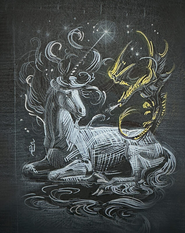 Silver Unicorn and Gold Dragon