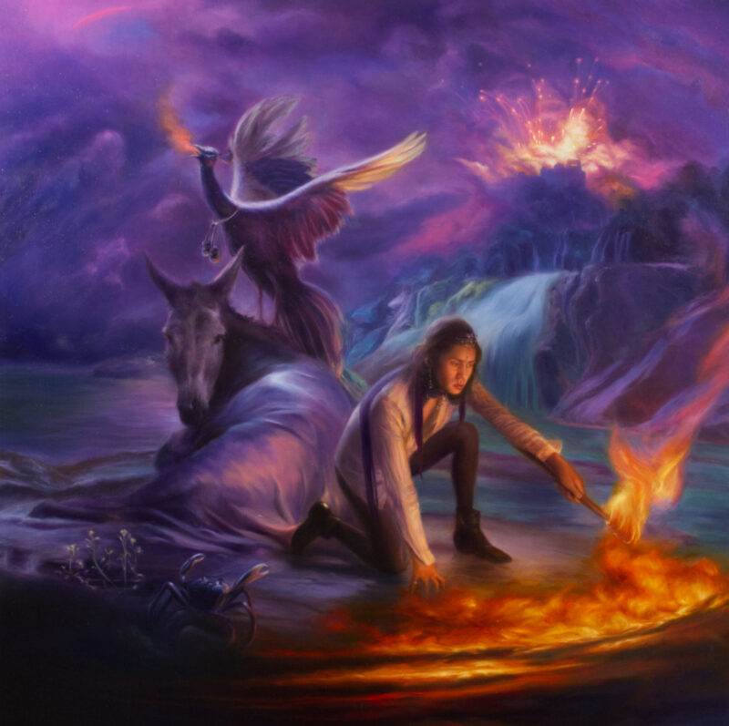 An oil painting of a princely character, setting the ground by a beach aflame. The ground seems covered in gasoline. Behind him is a trio of characters, including a donkey with a blanket, a fire breathing peacock, and a blue crab. The environment includes a backdrop of swirling blue and purple clouds, with a castle exploding in the background.