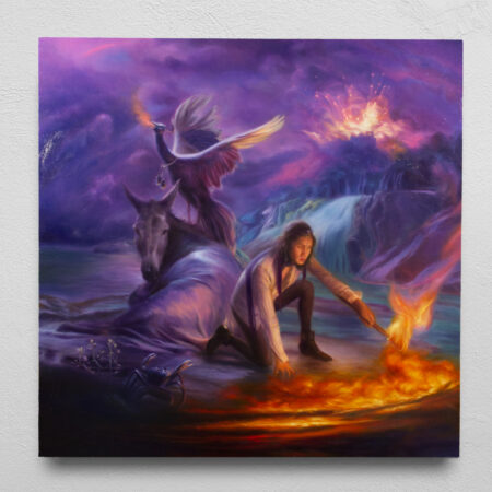 On a white wall is an oil painting of a princely character, setting the ground by a beach aflame. The ground seems covered in gasoline. Behind him is a trio of characters, including a donkey with a blanket, a fire breathing peacock, and a blue crab. The environment includes a backdrop of swirling blue and purple clouds, with a castle exploding in the background.