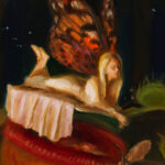 Detail shot. An oil painting of a fairy resting above a pitcher plant leaf with a moth on the edge of its opening. Surrounding the focus of the painting is two Venus fly traps, and a coiled sundew.