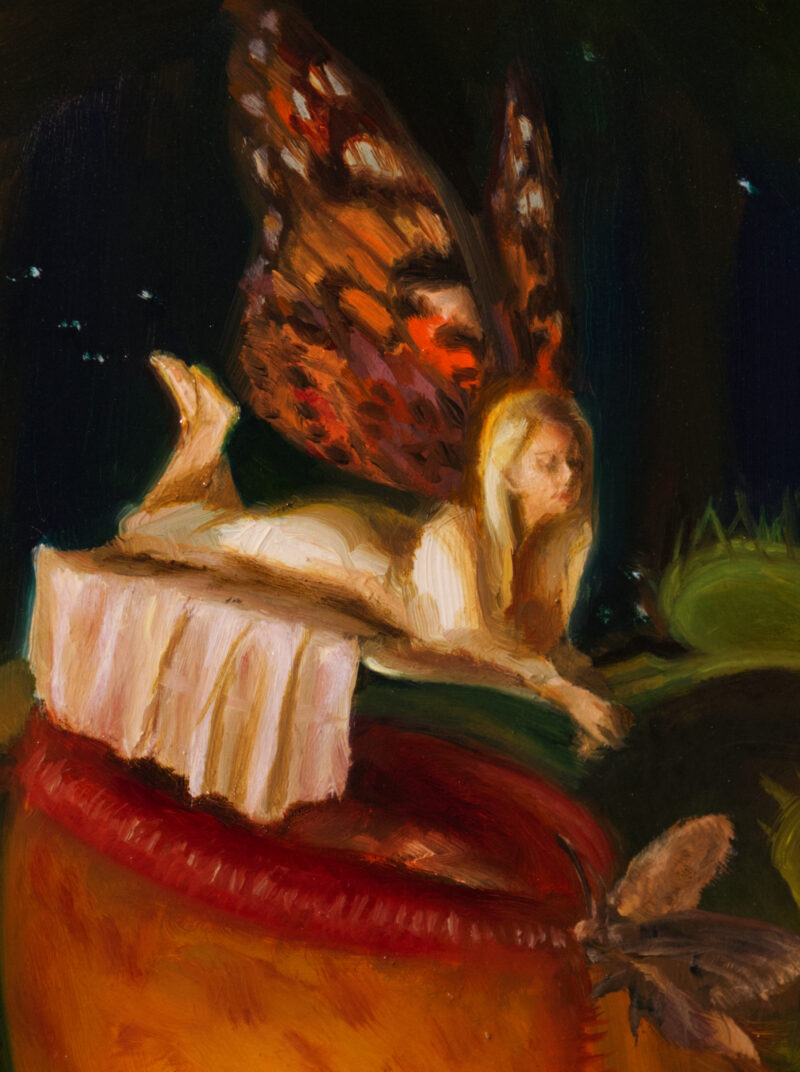 Detail shot. An oil painting of a fairy resting above a pitcher plant leaf with a moth on the edge of its opening. Surrounding the focus of the painting is two Venus fly traps, and a coiled sundew.