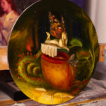 Angled view of an oil painting featuring a fairy resting above a pitcher plant leaf. A moth sits on the edge of its opening. Surrounding the focus of the painting is two Venus fly traps, and a coiled sundew.