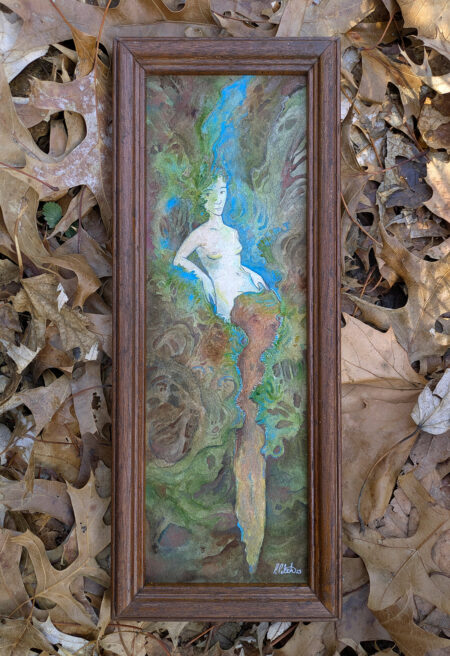 Framed painting of a pale dryad woman in roots and tree. Blue surrounds her, like light is coming from a split open trunk. She has a long piece of fabric draped from her legs.