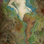 Watercolor painting of a pale dryad woman in roots and tree. Blue surrounds her, like light is coming from a split open trunk. She has a long piece of fabric draped from her legs.