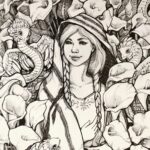 An ink drawing of a young Mexican woman with traditional clothing surrounded by calla lilies and feathered serpents