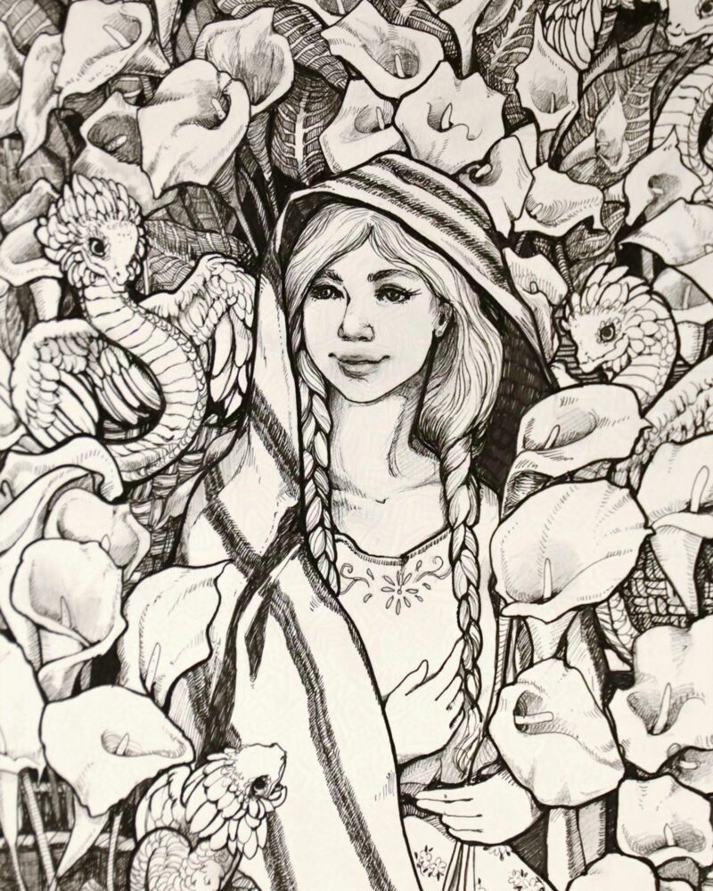An ink drawing of a young Mexican woman with traditional clothing surrounded by calla lilies and feathered serpents