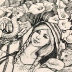 A close up of an ink drawing of a young Mexican woman with traditional clothing surrounded by calla lilies and feathered serpents