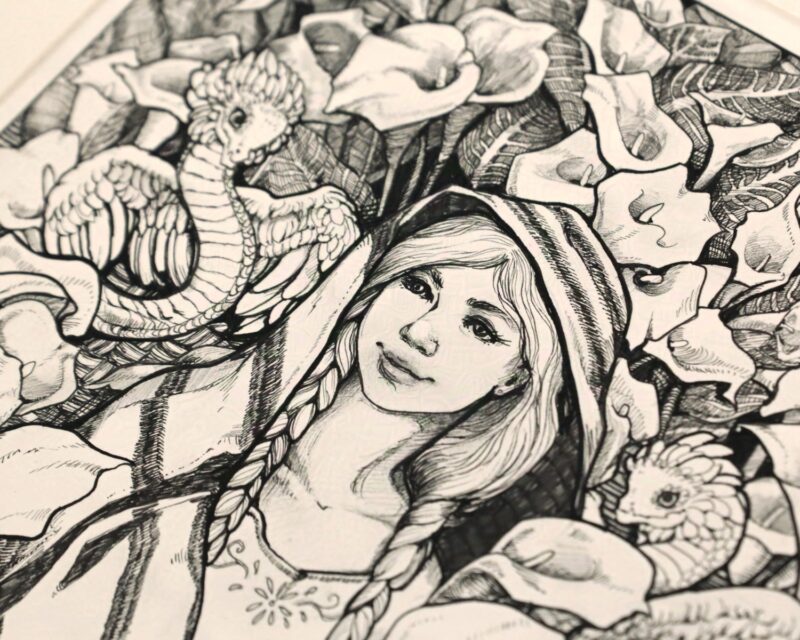 A close up of an ink drawing of a young Mexican woman with traditional clothing surrounded by calla lilies and feathered serpents