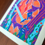 1st close up of the "Interlude" artwork focusing on details such as the woman's armor, gauntlet, sword and flowers.