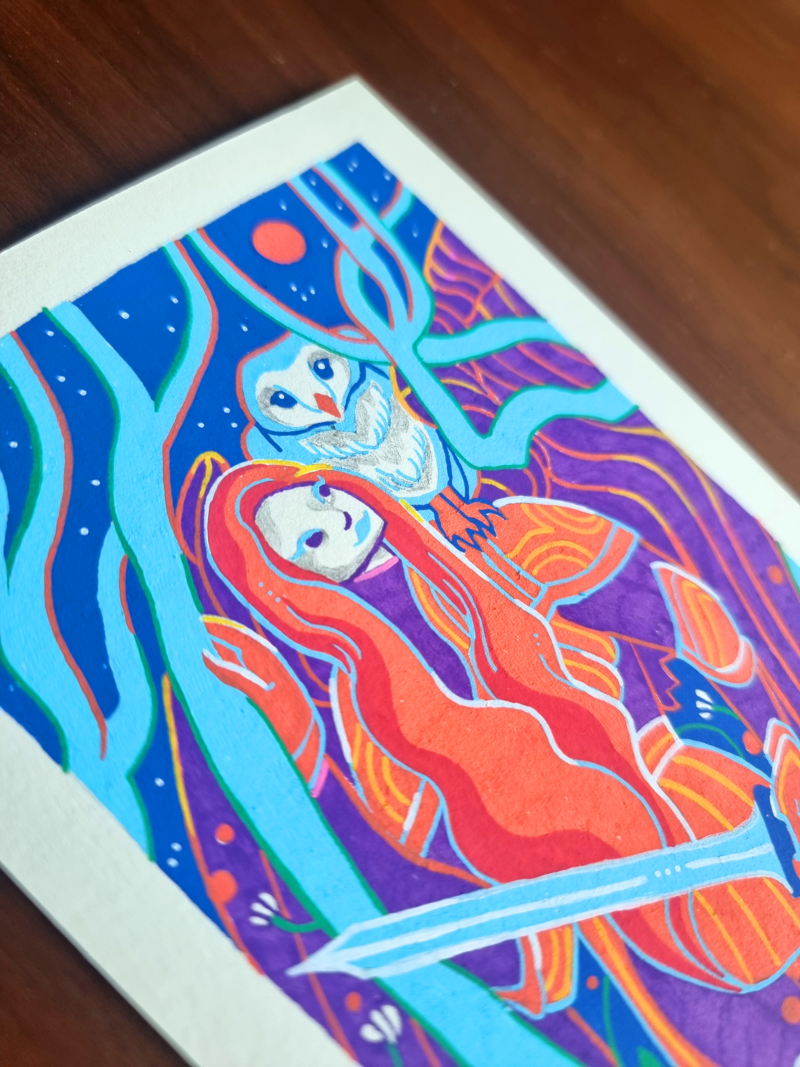 2nd close up of the "Interlude" artwork focusing on details such as the woman's face, the owl and the scenery.