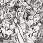 An ink drawing of a young Mexican woman with traditional clothing surrounded by calla lilies and feathered serpents