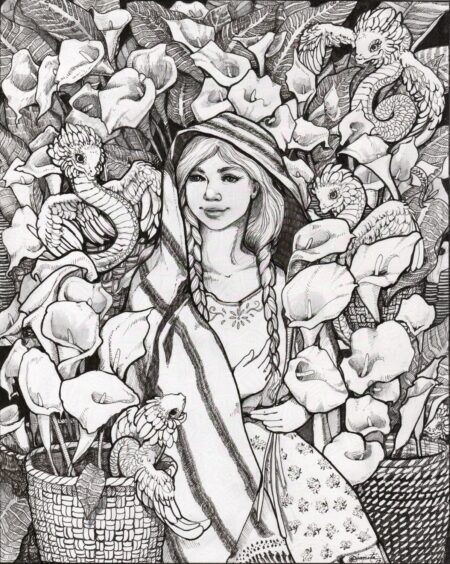 An ink drawing of a young Mexican woman with traditional clothing surrounded by calla lilies and feathered serpents