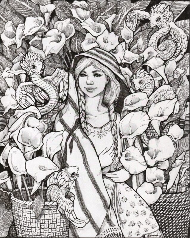 An ink drawing of a young Mexican woman with traditional clothing surrounded by calla lilies and feathered serpents