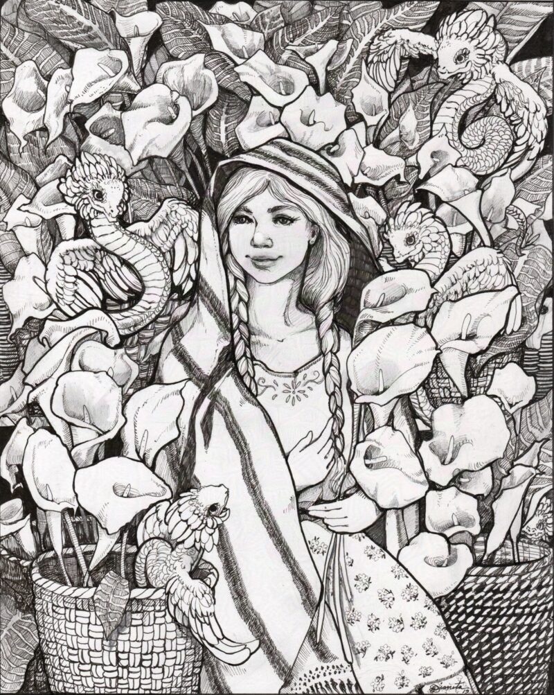 An ink drawing of a young Mexican woman with traditional clothing surrounded by calla lilies and feathered serpents