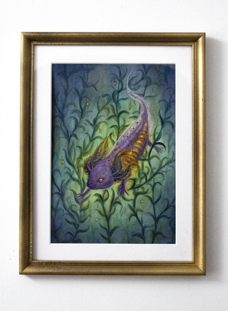 Axolotl painting in gold frame