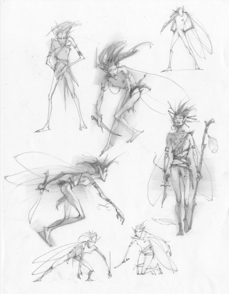 Drawings of a faerie woman in multiple poses.