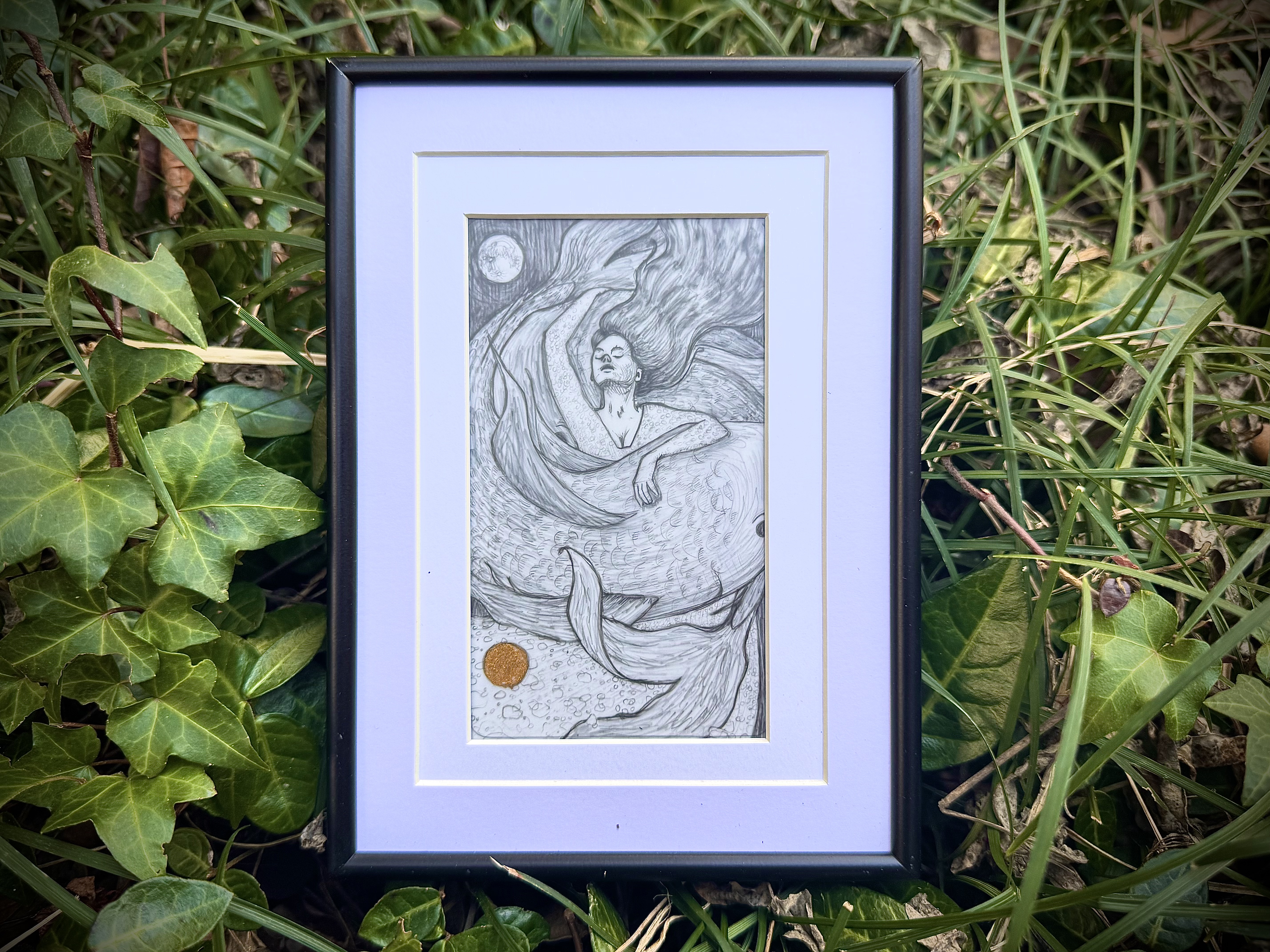Pisces / The Moon Original Drawing in Graphite and Gold Leaf on Duralar