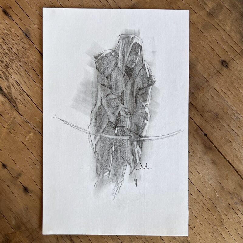 Drawing of Robin Hood with bow and arrow.