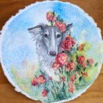 watercolor painting of a silvery silken windhound in an abstracted field of roses