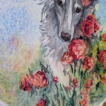 watercolor painting of a silvery silken windhound in an abstracted field of roses