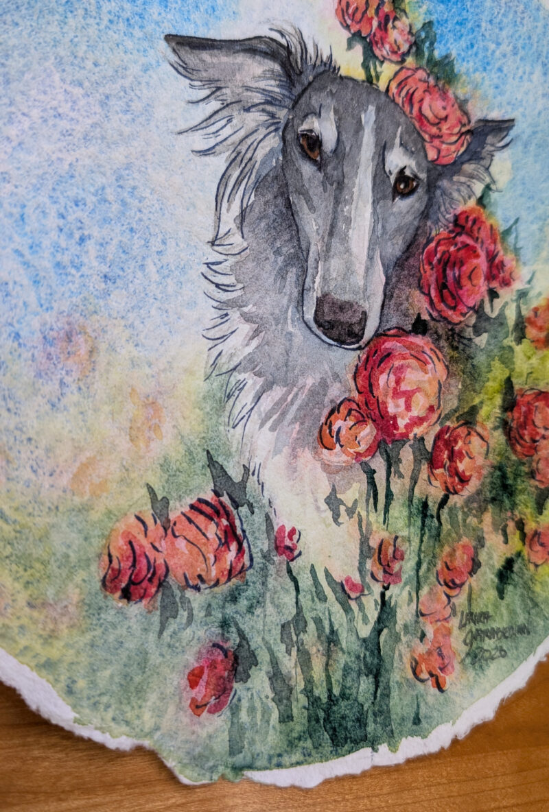 watercolor painting of a silvery silken windhound in an abstracted field of roses