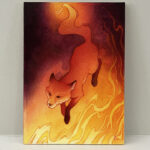 A painting of a fiery fox jumping over flames