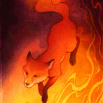 A painting of a fiery fox jumping over flames