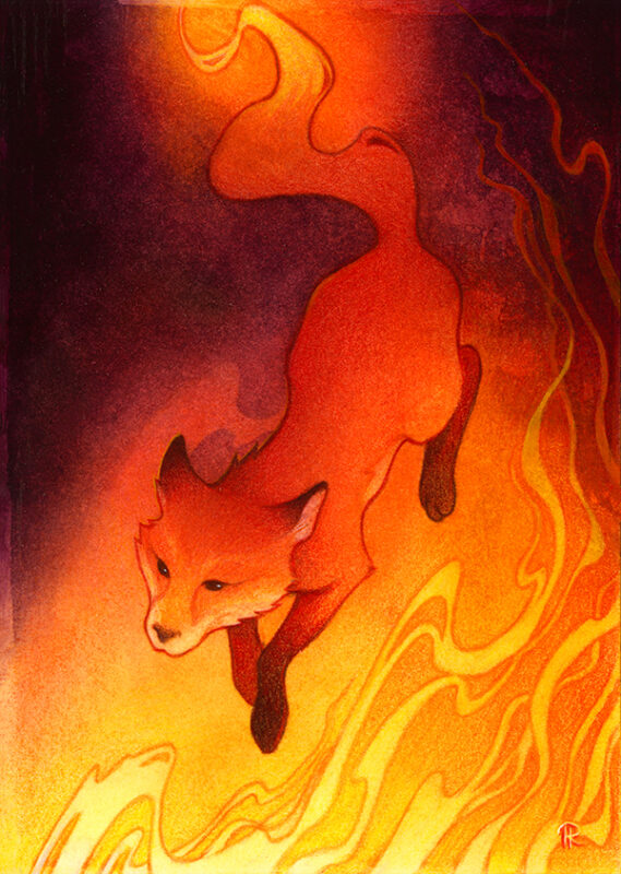 A painting of a fiery fox jumping over flames