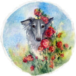 watercolor painting of a silvery silken windhound in an abstracted field of roses