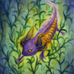 Painting of axolotl with fire within swimming underwater