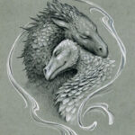 Bonded pair, a drawing on cool toned paper of two dragons snuggling together
