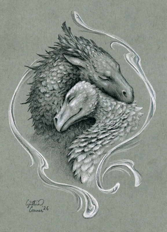 Bonded pair, a drawing on cool toned paper of two dragons snuggling together