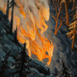 A painting designed to invoke the 2026 Lunar New Year, year of the Fire Horse. Horses charging down a mountainside.