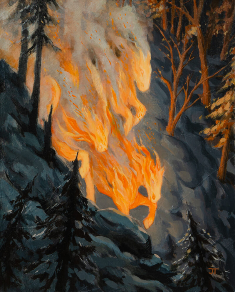 A painting designed to invoke the 2026 Lunar New Year, year of the Fire Horse. Horses charging down a mountainside.