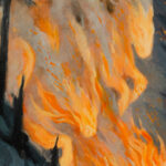 detail of a painting designed to invoke the 2026 Lunar New Year, year of the Fire Horse. Horses charging down a mountainside.