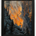 A painting designed to invoke the 2026 Lunar New Year, year of the Fire Horse. Horses charging down a mountainside. Here, the painting is in a black frame on a white background.