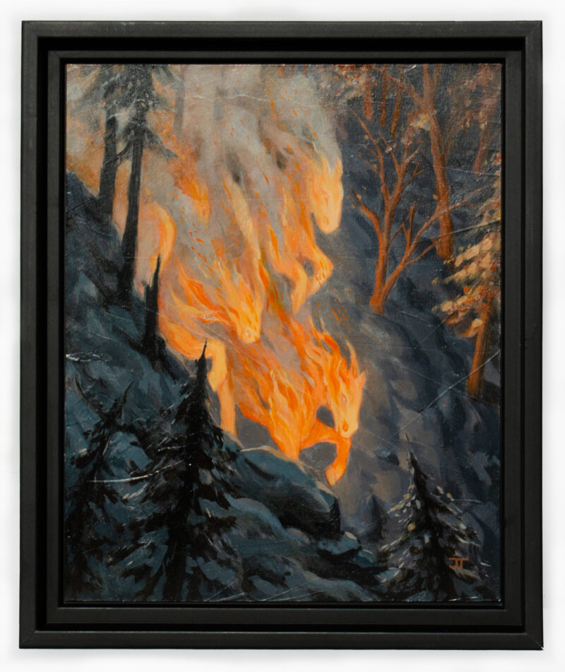 A painting designed to invoke the 2026 Lunar New Year, year of the Fire Horse. Horses charging down a mountainside. Here, the painting is in a black frame on a white background.