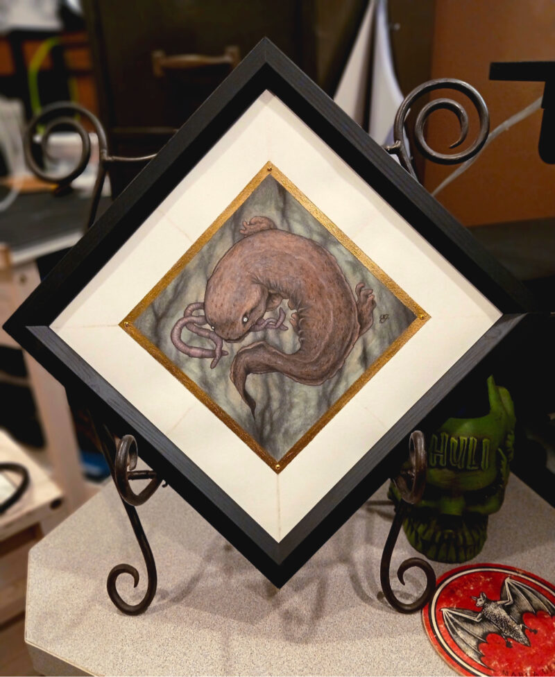Original art of an Eastern Hellbender, eating nightcrawlers