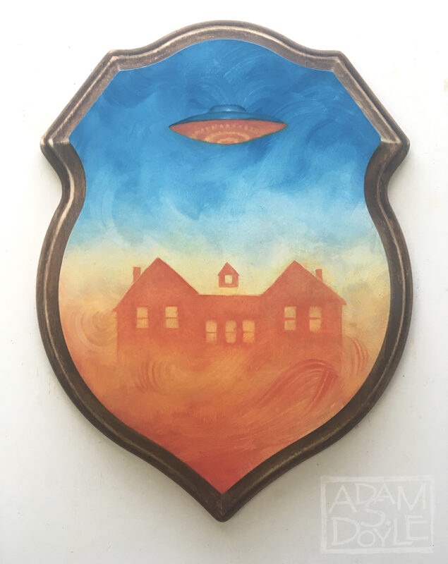 Painting of a UFO above a house