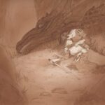 A woman cradles a female knight who lays strewn across grass. Her dragon lays behind her with standing stones encircling them.