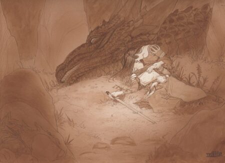 A woman cradles a female knight who lays strewn across grass. Her dragon lays behind her with standing stones encircling them.