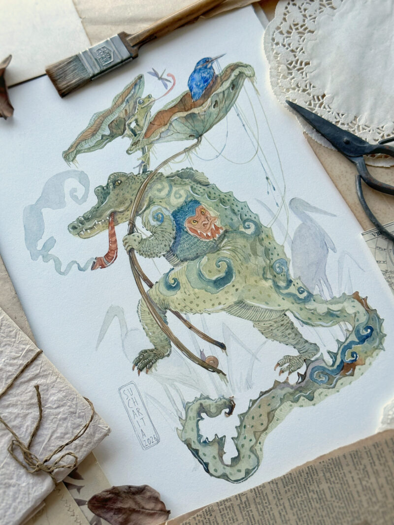 Whimsical Watercolour painting of a Crocodile Yokai