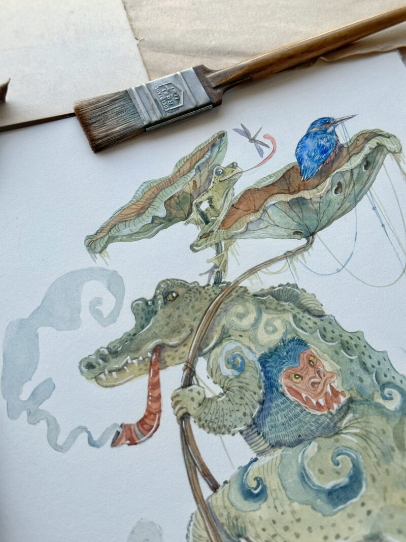 Whimsical Watercolour painting of a Crocodile Yokai