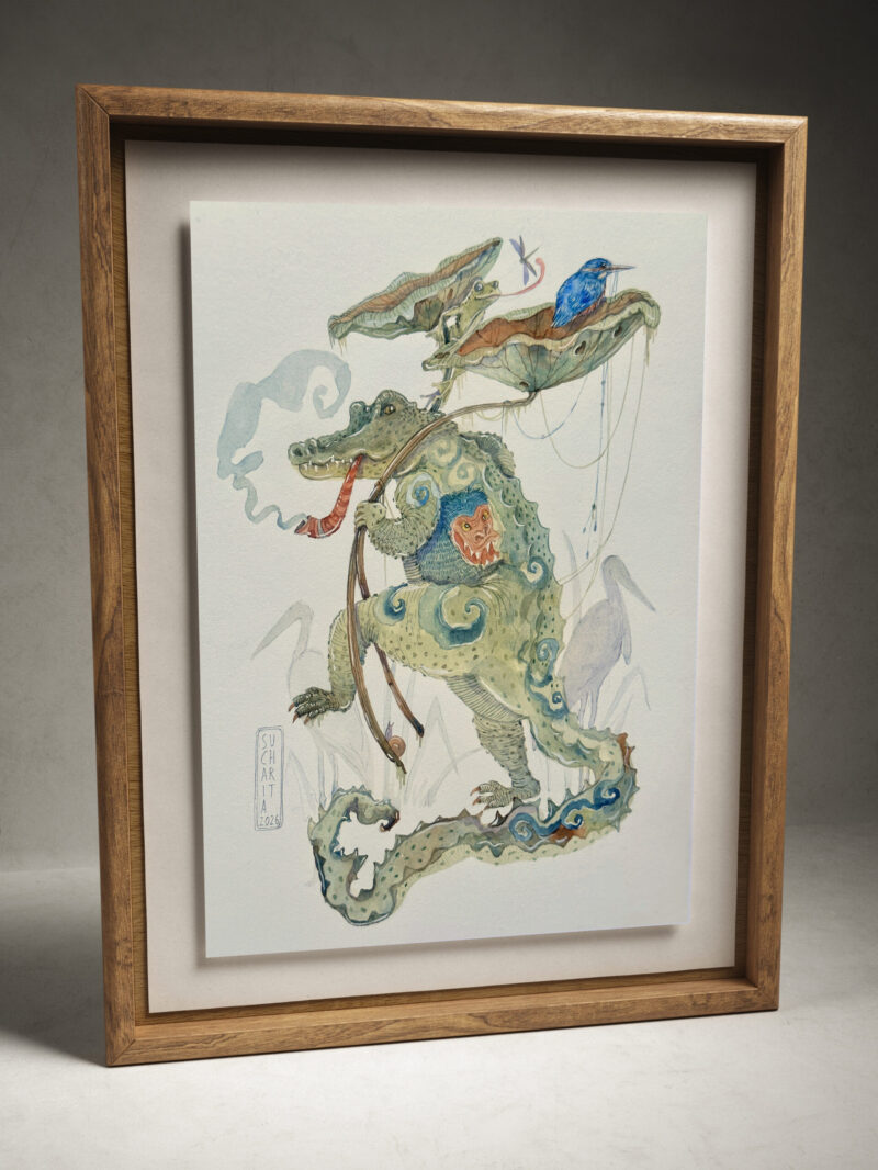 Whimsical Watercolour painting of a Crocodile Yokai
